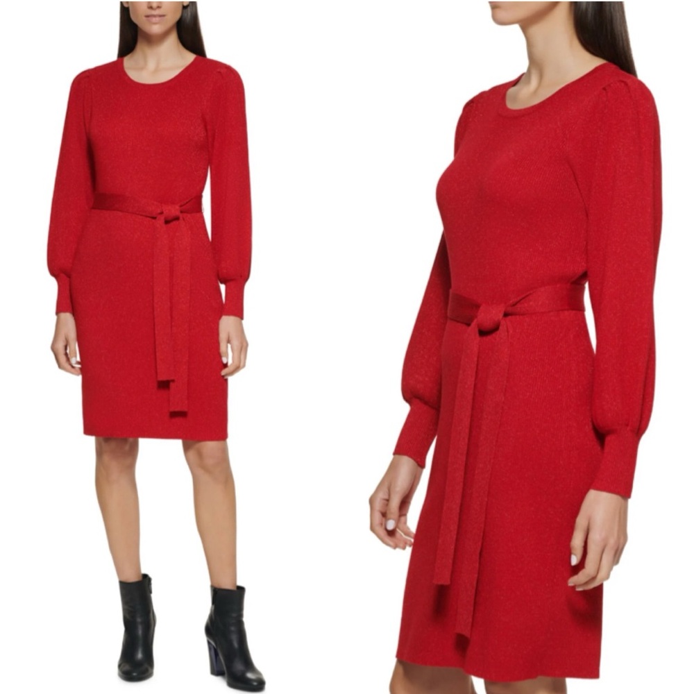 Calvin Klein NWT Red Metallic Knit Belted Pullover Sweater Midi Dress Size Large